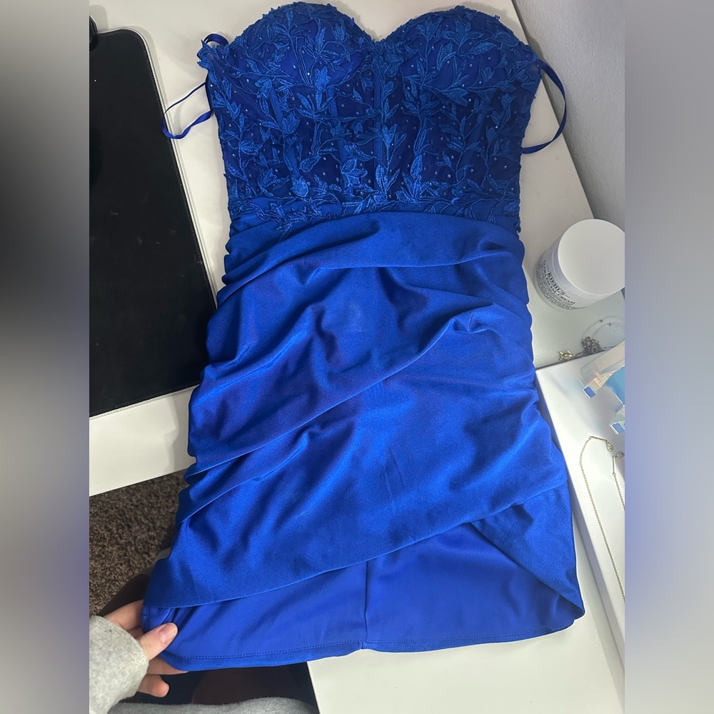 Strapless Royal blue Short tight beaded homecoming dress